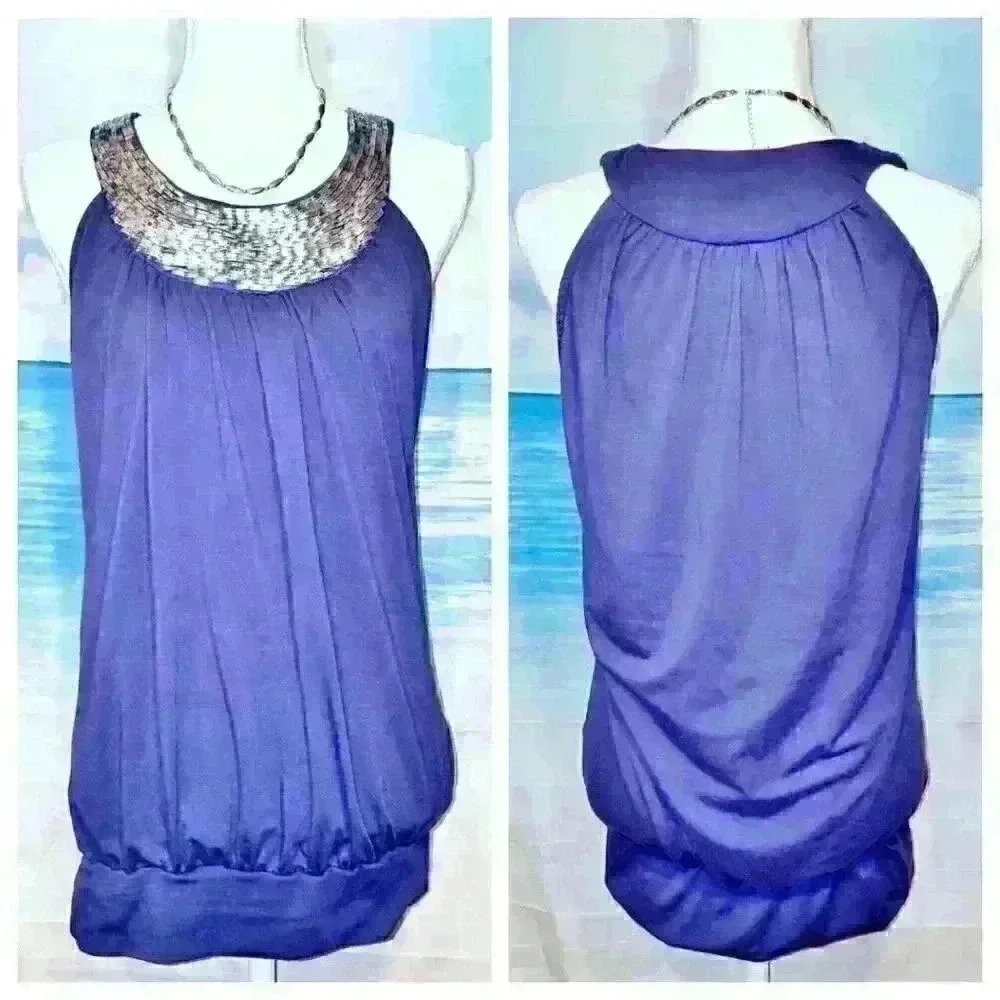 RACHAEL & CHLOE Womans TUNIC BLUE w/ SILVER Bling Neckline size Med